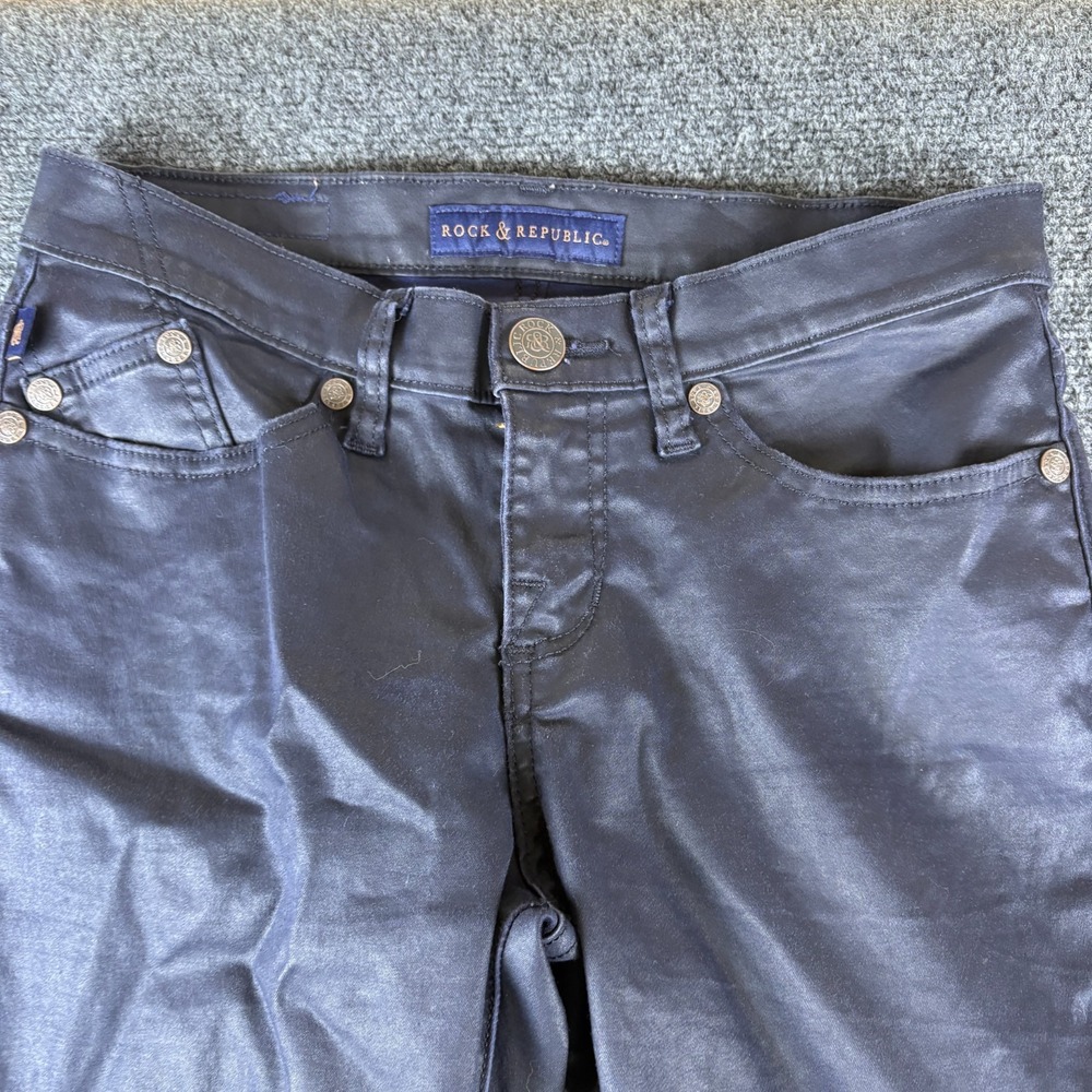 Rock & Republic Berlin Skinny Jeans Womens 28x30 Navy Denim Coated Mid Rise - Picture 3 of 14